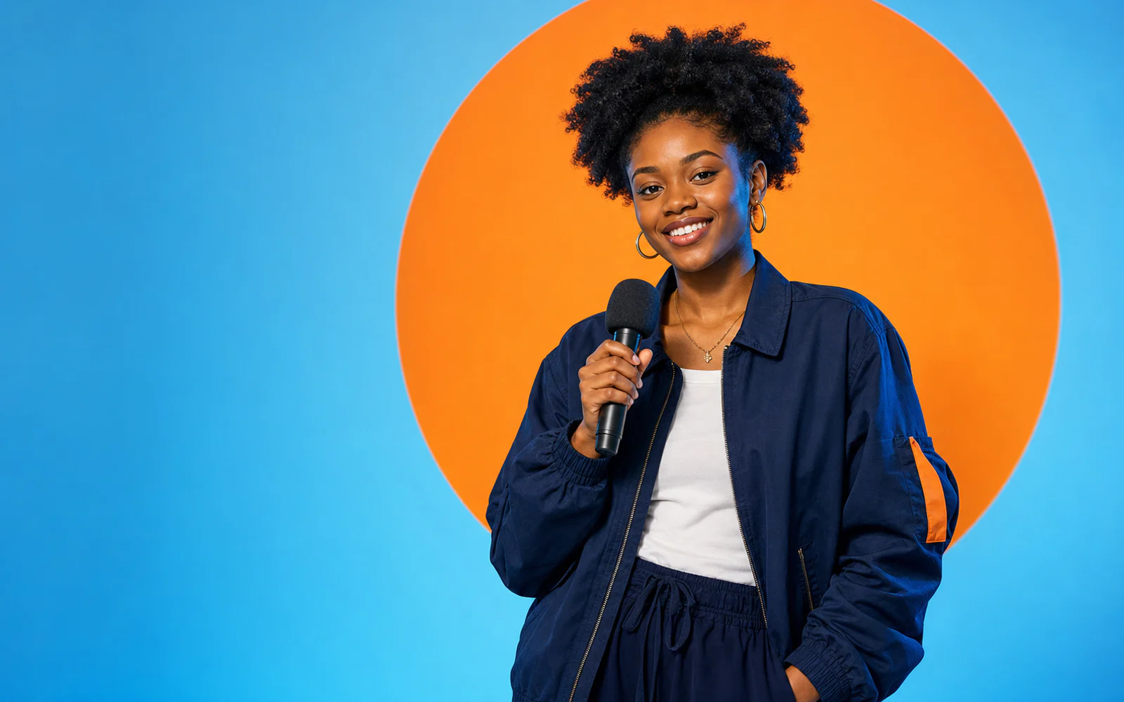 A confident young Nigerian woman holding a microphone against a bright blue and orange backdrop