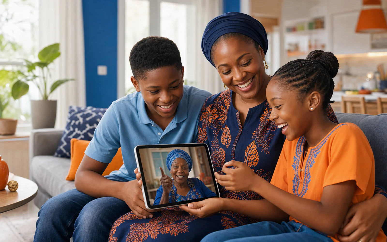 A parent and two teenagers sharing a supervised language lesson with their grandmother