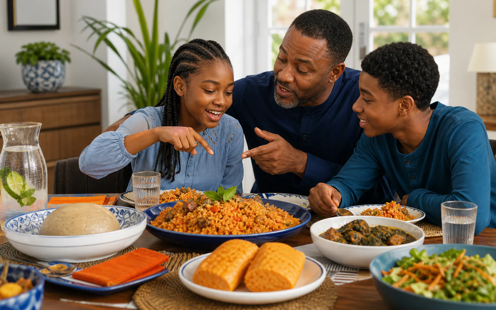 A Nigerian father and two teenagers practising food words together over a shared family meal