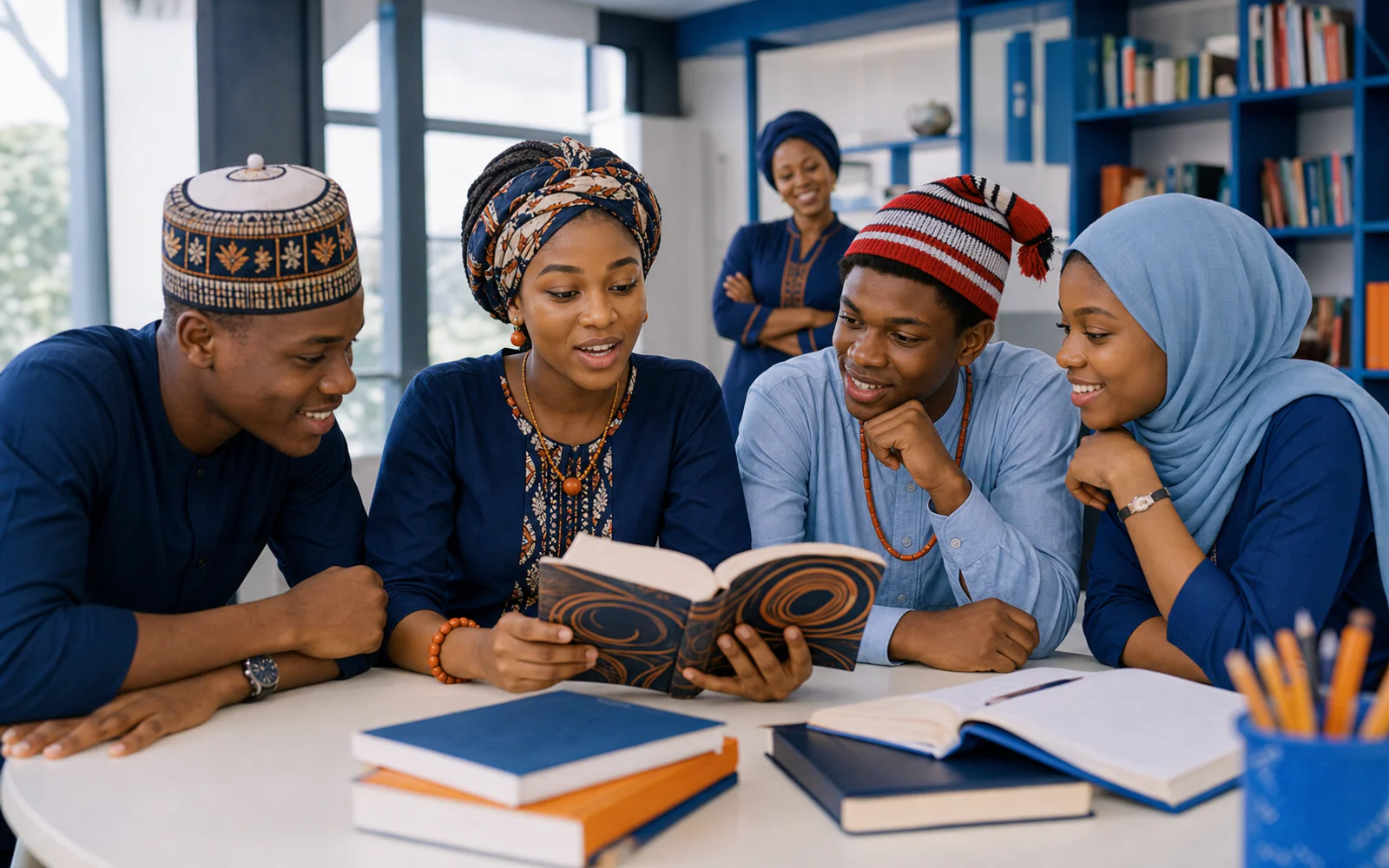 Four older Nigerian learners reading a story aloud together in a bright school library