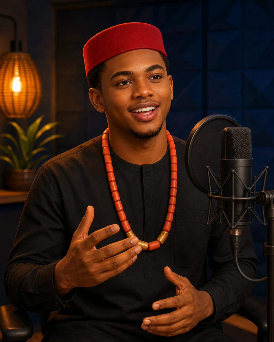 Kene, a young Igbo voice guide, recording a language lesson in a studio
