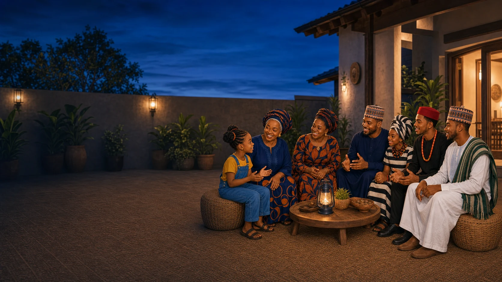 A child, teenager, young adults, parents and grandmother sharing a joyful language conversation outdoors