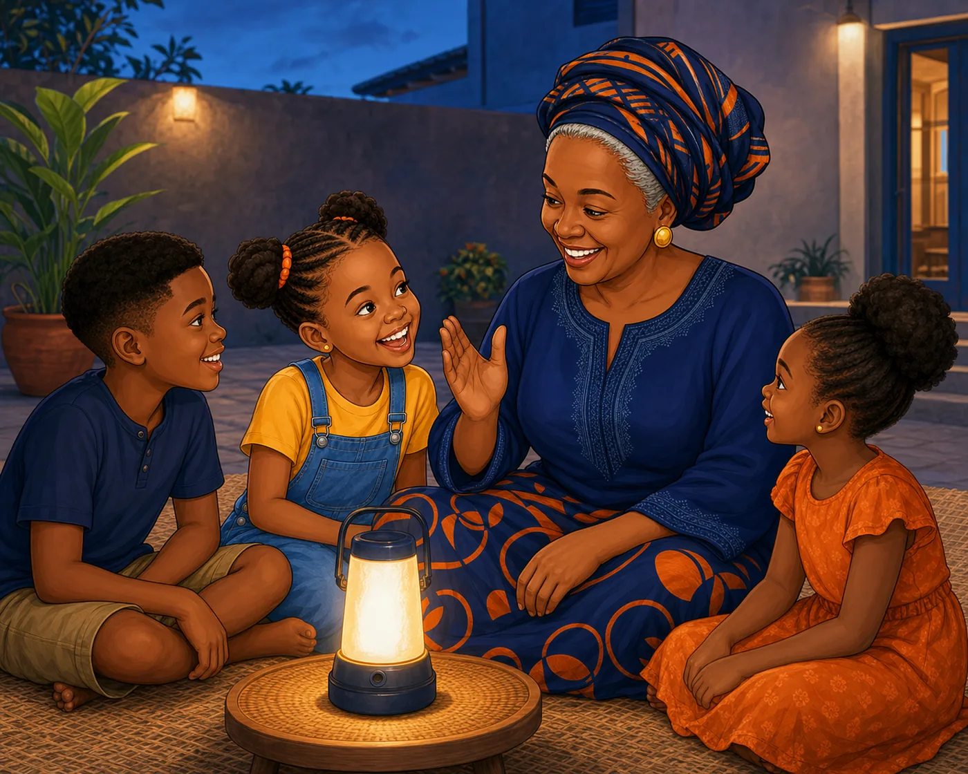 Children and Iya sharing a Nigerian folktale together at blue hour