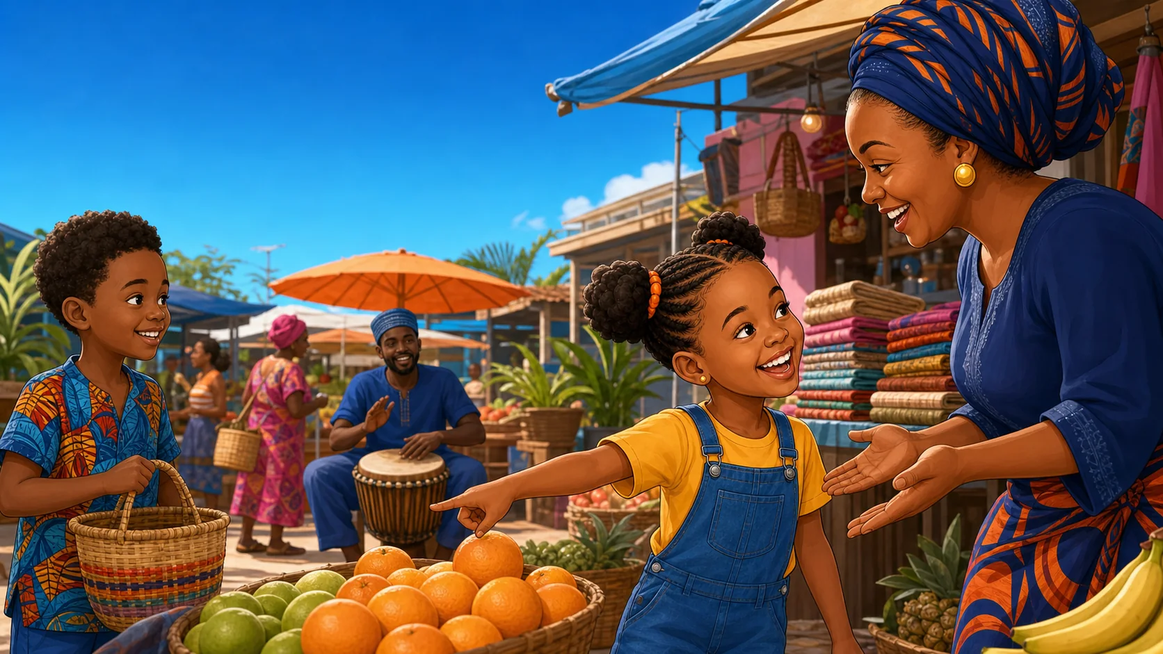Amara exploring Nigerian language through a lively market adventure
