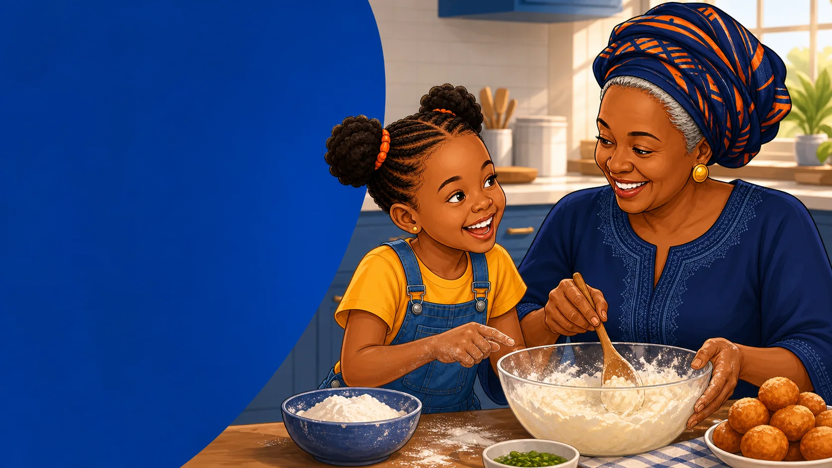 A Nigerian family learning everyday language together while preparing food at home