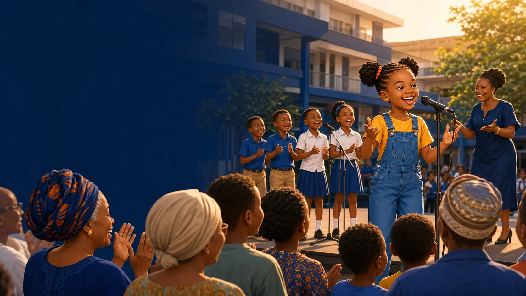 Amara confidently leading a language performance while classmates, teachers and family respond