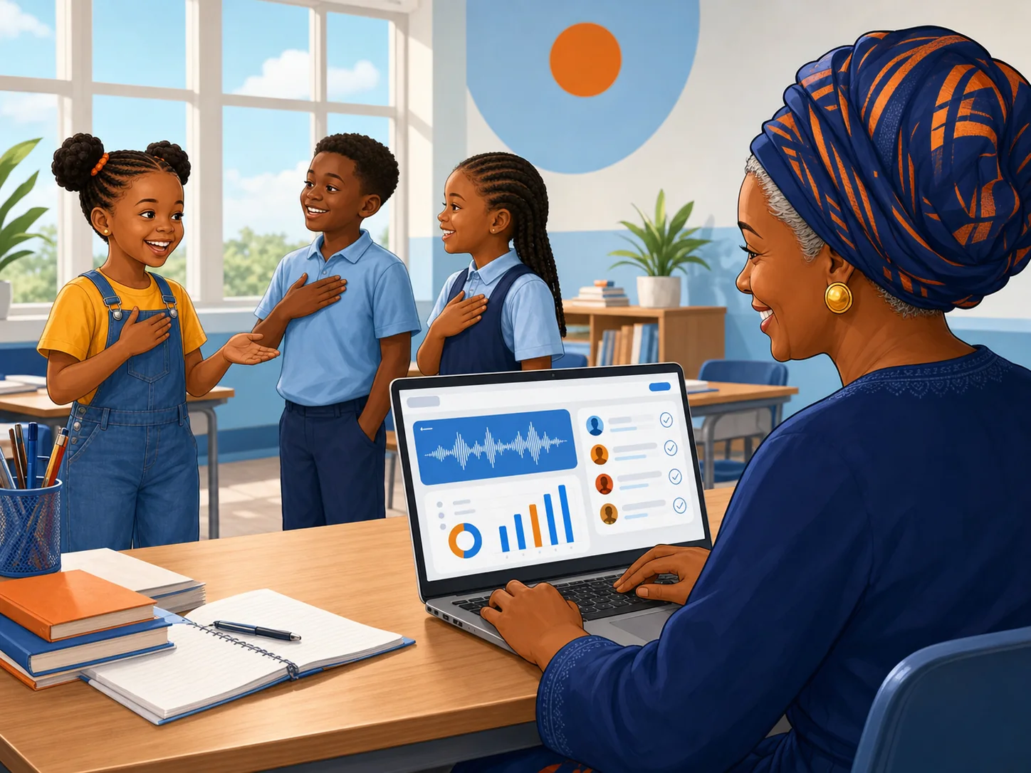 A teacher reviews learner speaking progress while Amara and classmates practise nearby